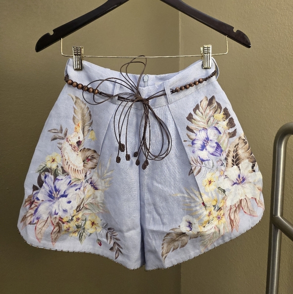 Zimmermann Pants - Zimmermann Pale Blue Hand-Painted Floral High-Waist Shorts